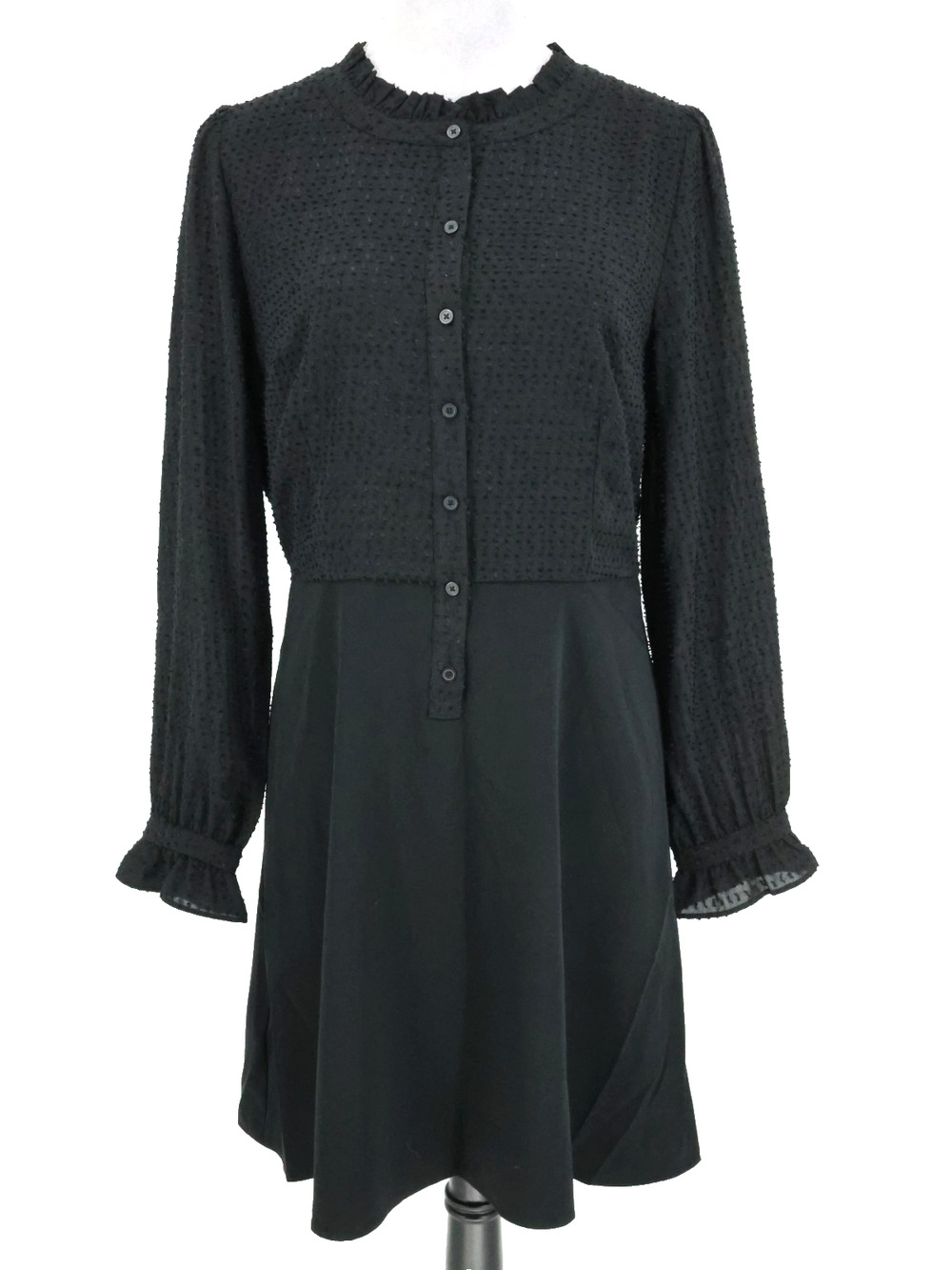 Loft Dress Womens 10 Black Swiss Dot Ruffle Trim Long Sleeve Buttons Preppy New